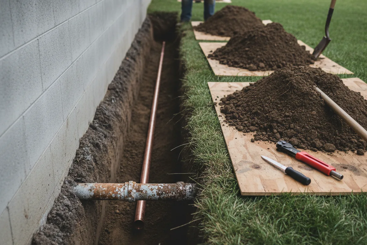 Excavated water line trench during Water Softener Installation in Illiopolis
